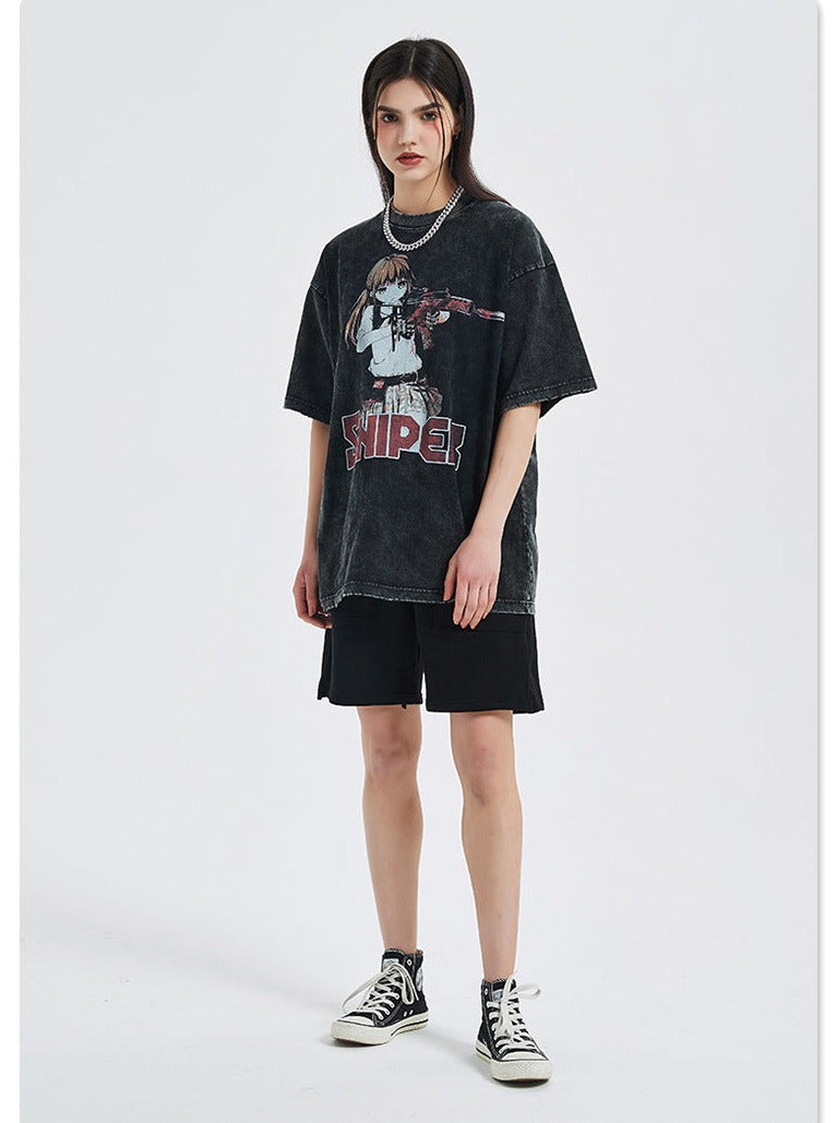 Anime - Streetwear - "SNIPER" - Anime Oversized Vintage / Acid Washed T-Shirts - Alpha Weebs