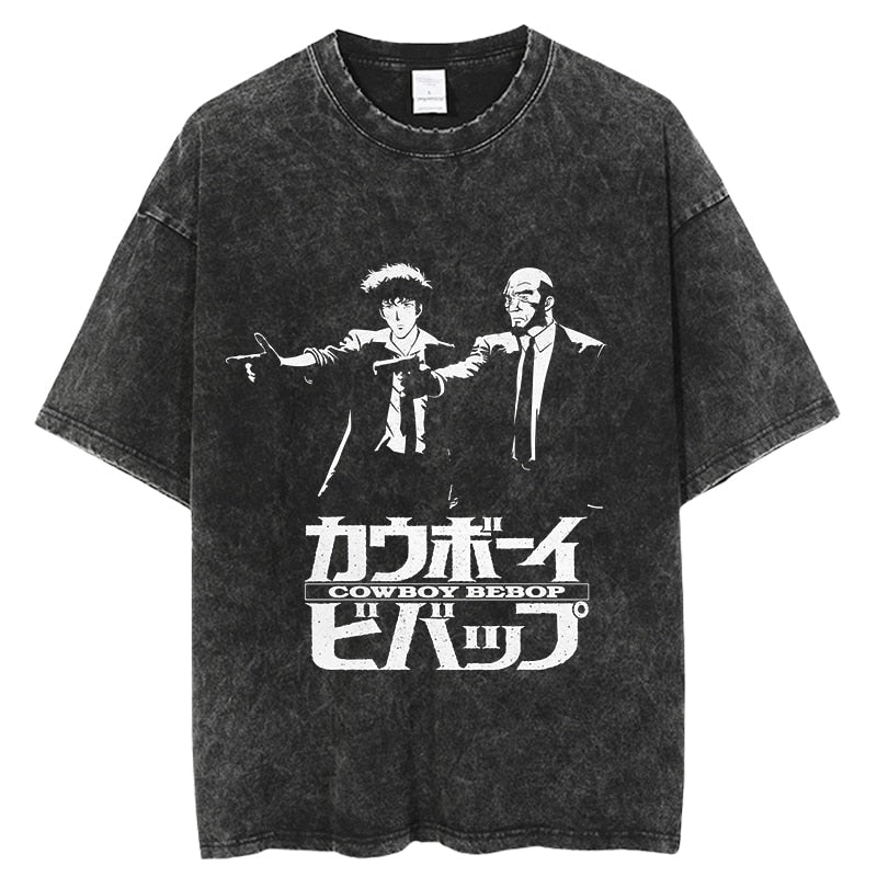 Anime - Streetwear - "DEVIL DUAL" - Vintage / Acid Washed Cowboy Bebop Anime T-Shirt - Alpha Weebs