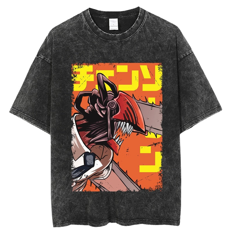 Anime - Streetwear - Chainsaw Man Vintage / Acid Washed Anime Oversized T-Shirt - Alpha Weebs