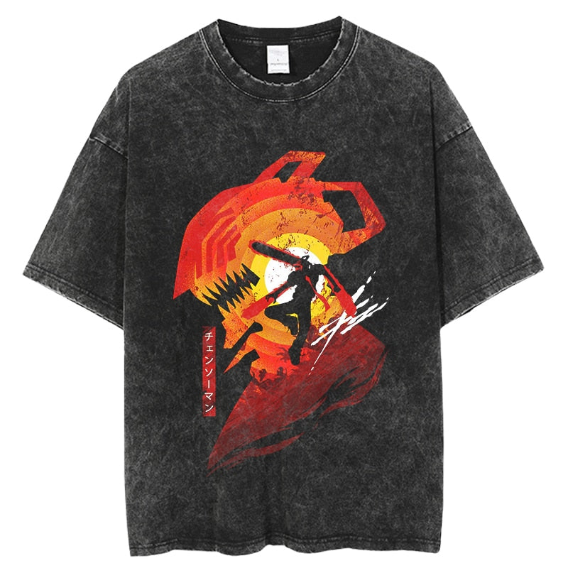 Anime - Streetwear - Chainsaw Man Vintage / Acid Washed Anime Oversized T-Shirt - Alpha Weebs