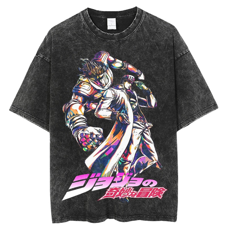 Anime - Streetwear - "DUAL POWER" - JoJo's Bizarre Adventure Anime Vintage / Acid Washed Kujo-Joseph T-Shirt - Alpha Weebs