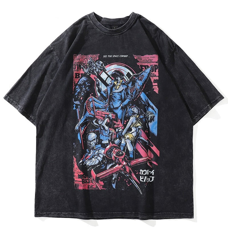 Anime - Streetwear - "SPACE COWBOY" - Cowboy Bebop Anime Oversized Vintage / Acid Washed T-shirt - Alpha Weebs