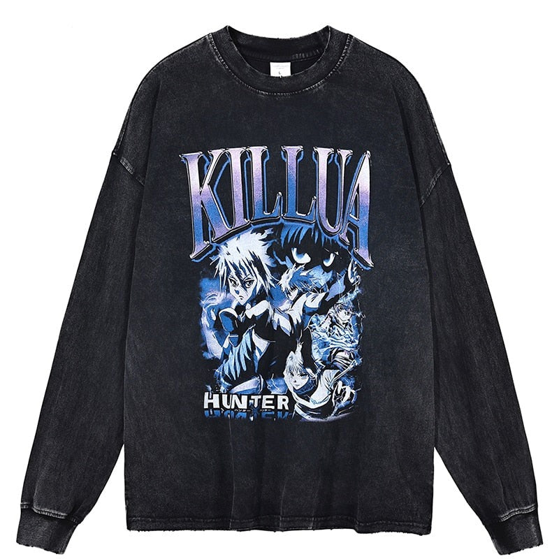 Anime - Streetwear - "SASSIN" - Hunter x Hunter Killua Anime Vintage / Acid Washed Oversized Sweatshirt - Alpha Weebs