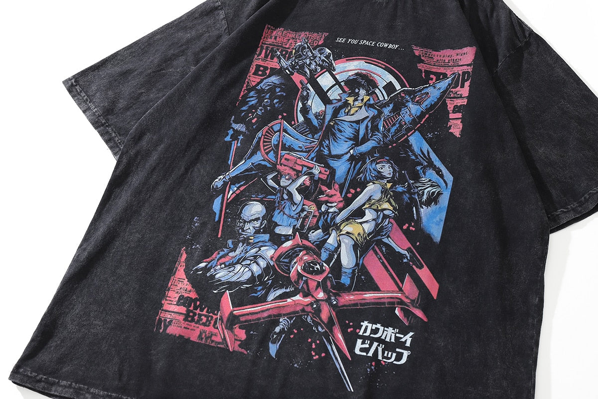 Anime - Streetwear - "SPACE COWBOY" - Cowboy Bebop Anime Oversized Vintage / Acid Washed T-shirt - Alpha Weebs