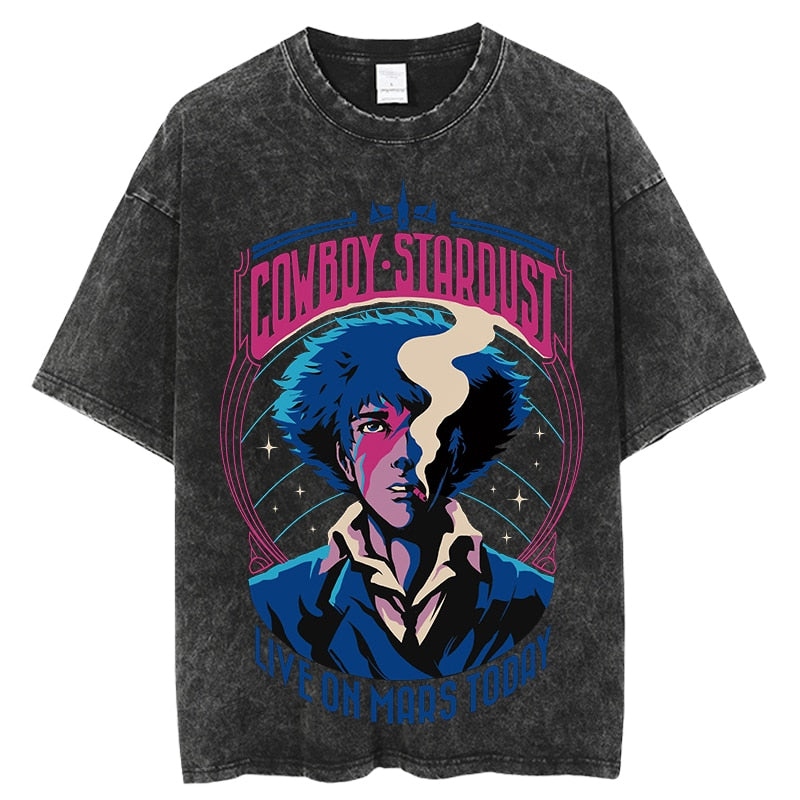 Anime - Streetwear - "LIVE ON MARS" - Vintage / Acid Washed Cowboy Bebop Anime T-Shirt - Alpha Weebs