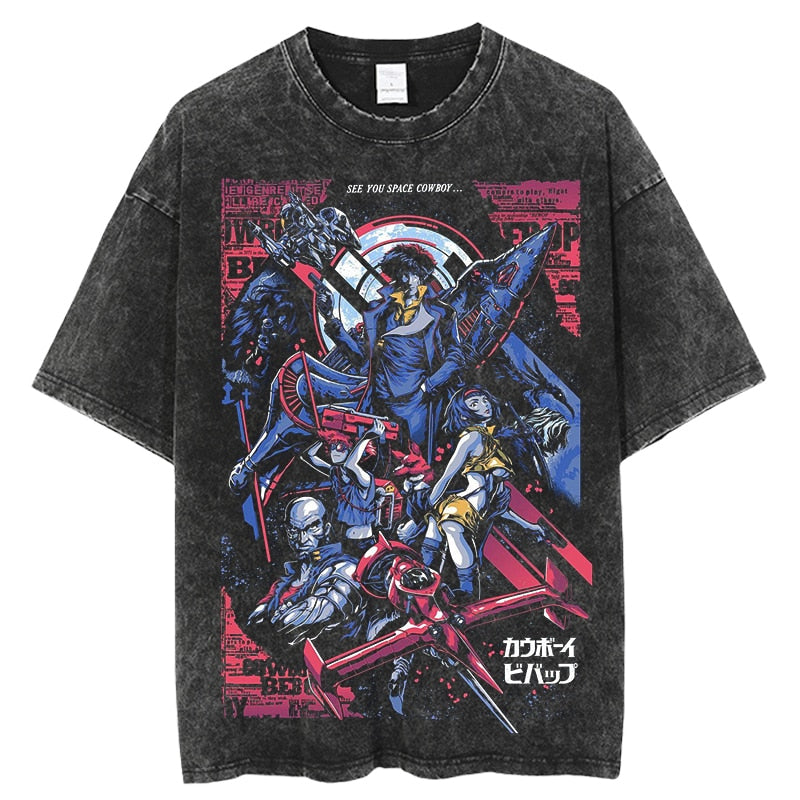 Anime - Streetwear - "POWER OF COWBOY" - Vintage / Acid Washed Cowboy Bebop Anime T-Shirt - Alpha Weebs