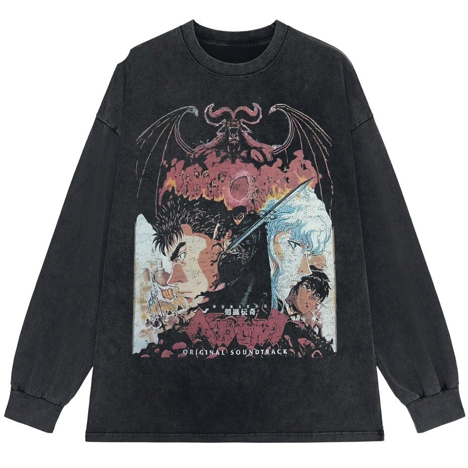 Anime - Streetwear - "GUTS-GRIFFITH" - Berserk Anime Vintage / Acid Washed Oversized Sweatshirt (Chain Option) - Alpha Weebs