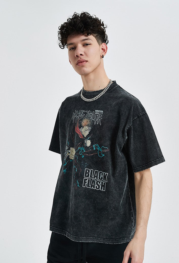 Anime - Streetwear - "BLACK FLASH" - Jujutsu Kaisen Yuji Anime - Oversized Vintage / Acid Washed T-shirt - Alpha Weebs