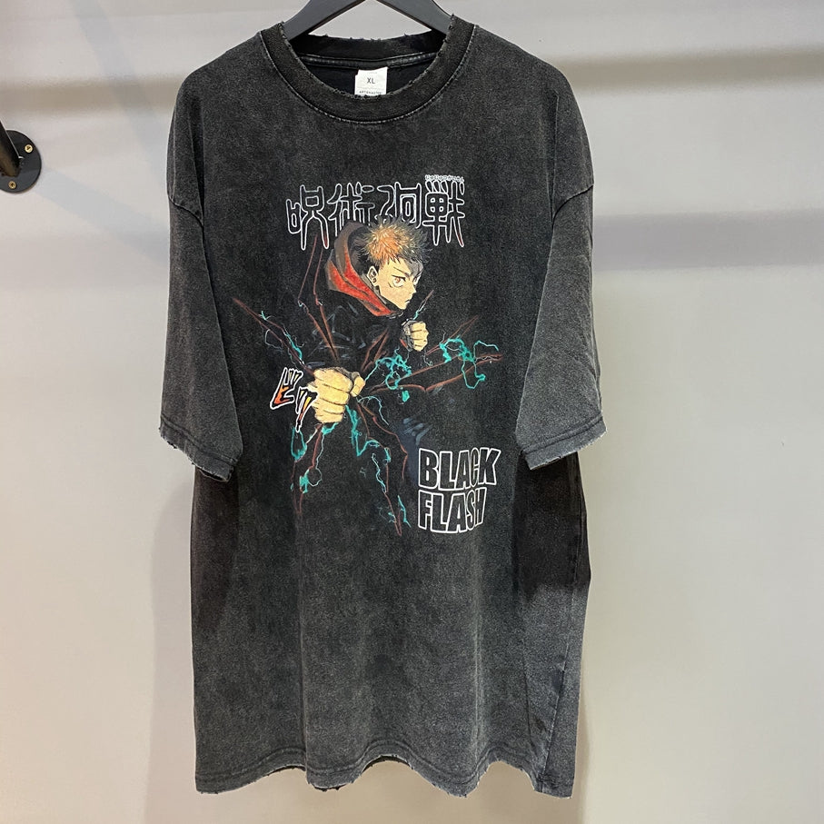 Anime - Streetwear - "BLACK FLASH" - Jujutsu Kaisen Yuji Anime - Oversized Vintage / Acid Washed T-shirt - Alpha Weebs