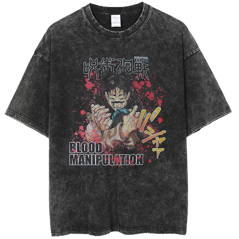 Anime - Streetwear - "BLOOD MANIPULATION" - Jujutsu Kaisen Anime Oversized Vintage / Acid Washed T-Shirt - Alpha Weebs