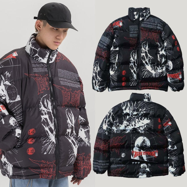 Anime - Streetwear - "NECROM" - Anime Puffer Jacket | 2 Colors - Alpha Weebs