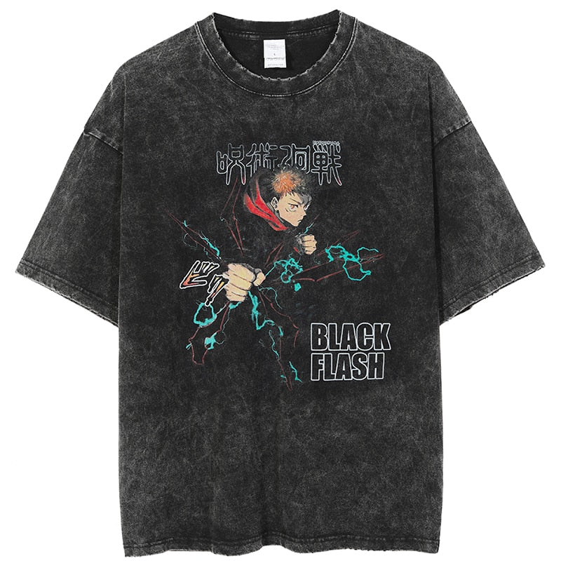 Anime - Streetwear - "BLACK FLASH" - Jujutsu Kaisen Yuji Anime - Oversized Vintage / Acid Washed T-shirt - Alpha Weebs