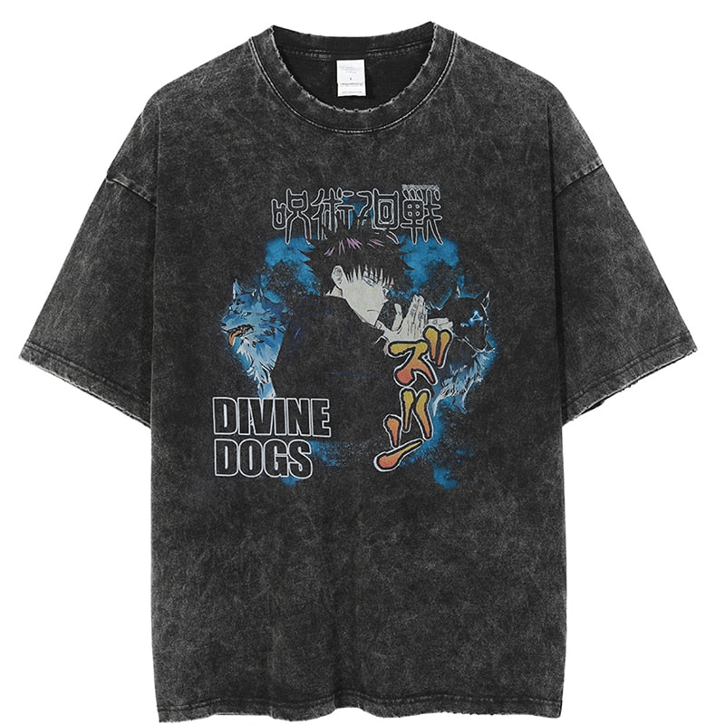 Anime - Streetwear - "DIVINE DOGS" - Megumi Jujutsu Kaisen Anime Oversized Vintage / Acid Washed T-Shirt - Alpha Weebs