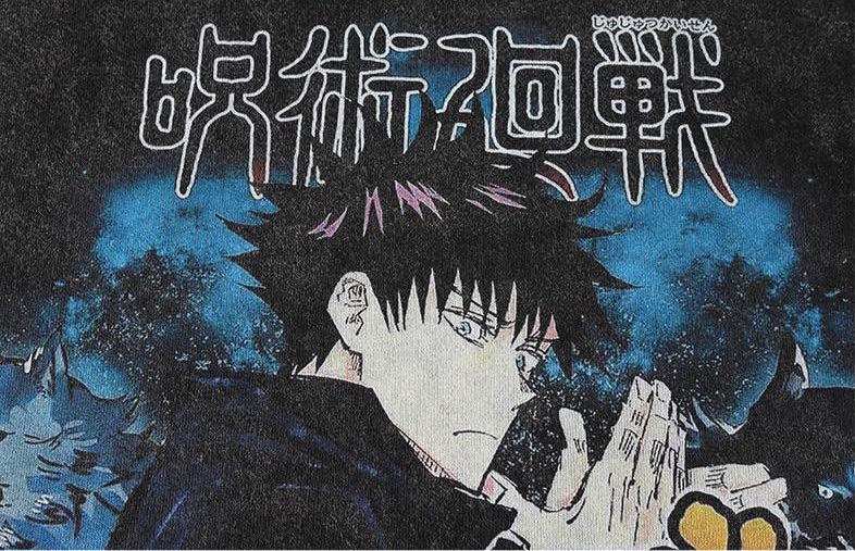 Anime - Streetwear - "DIVINE DOGS" - Megumi Jujutsu Kaisen Anime Oversized Vintage / Acid Washed T-Shirt - Alpha Weebs
