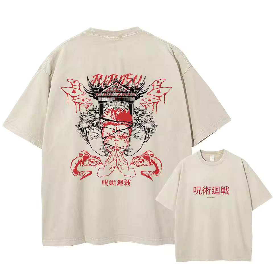 "DUALITY OF FATE" - Sukuna & Yuji - JJK Anime Vintage Washed Oversized T-Shirt | V-2