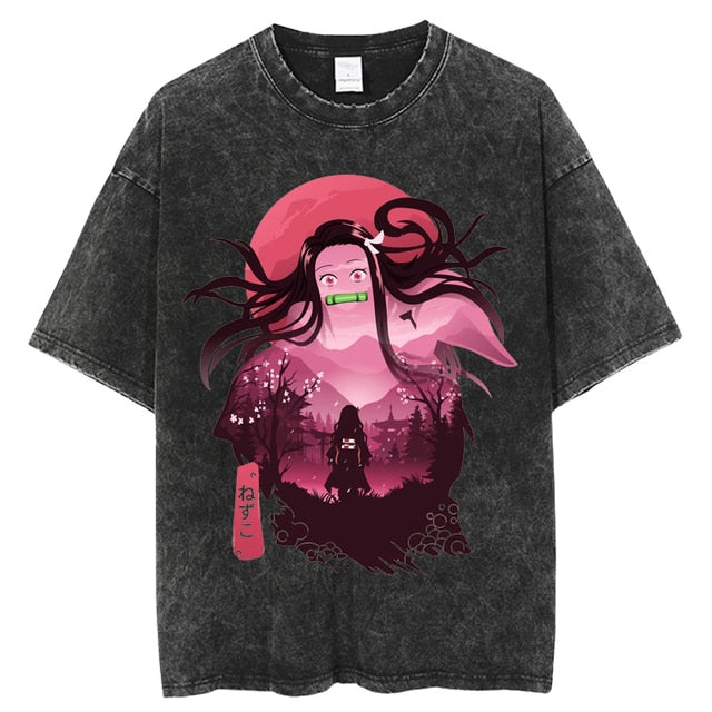 "PINK DEMON" - Demon Slayer Anime Nezuko Vintage Washed Oversized T-Shirts