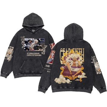 "GOD'S TALE" - GEAR 5 - Monkey D. Luffy - One Piece Anime Vintage Washed Oversized Hoodies