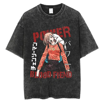 "BLOOD FIEND" - Chainsaw Man Vintage Washed Anime Oversized T-Shirts