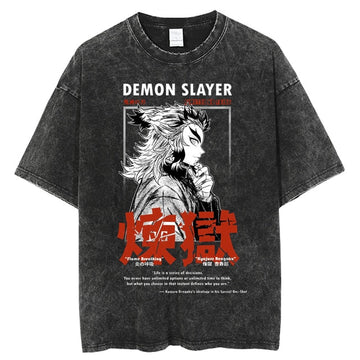 "FLAMING" - Demon Slayer Anime Rengoku Vintage Washed Oversized T-Shirts