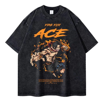 "PORTAGAS D.ACE" - One Piece Anime Oversized Vintage Washed Luffy T-Shirts