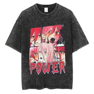 "POWER" - Chainsaw Man Vintage Washed Anime Oversized T-Shirts
