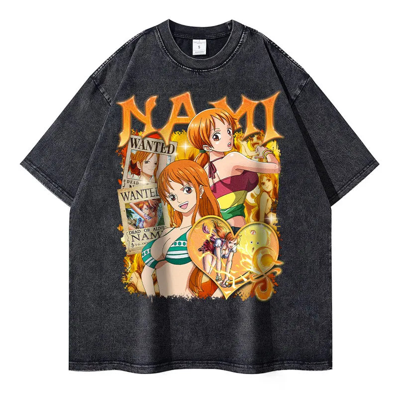 "NAMI CHWAN" - One Piece Nami Anime Oversized Vintage Washed T-Shirt