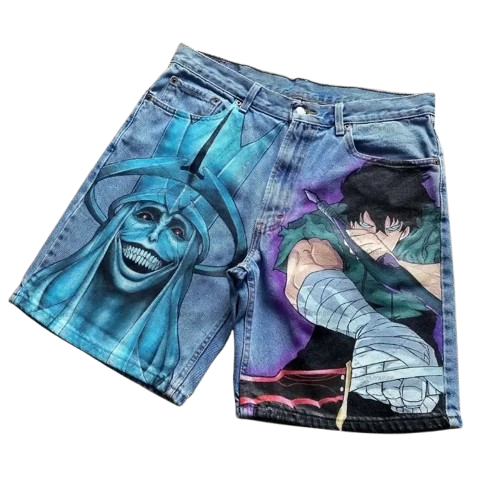 "LEVEL UP" - Smiling Statue - Sol-Lev Anime Denim Shorts