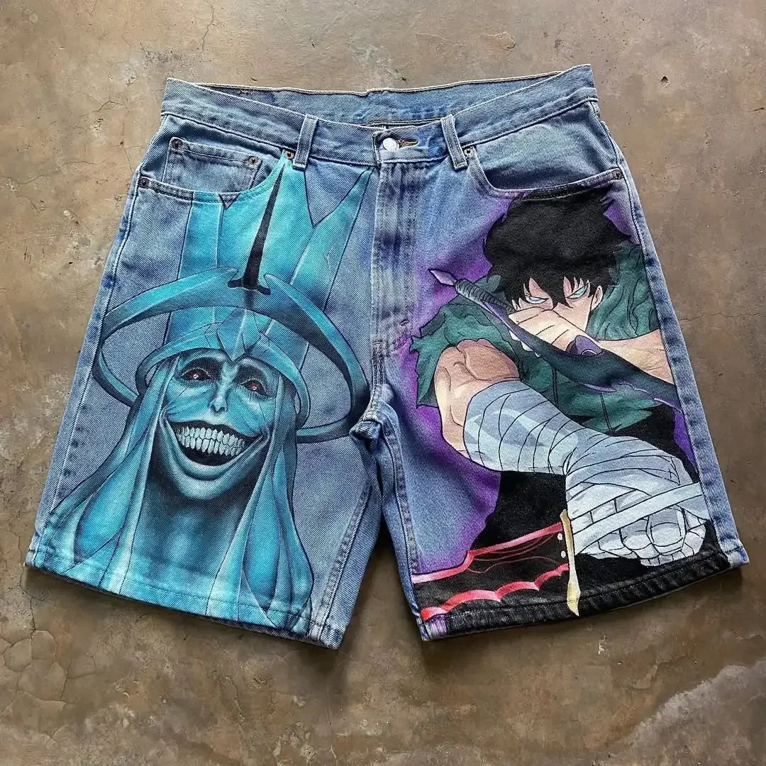 "LEVEL UP" - Smiling Statue - Sol-Lev Anime Denim Shorts