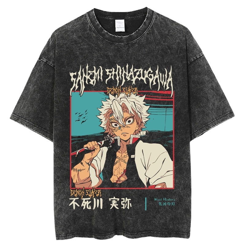 "PSYCHOTIC SLAYER" - Demon Slayer Anime Sanemi Vintage Washed Oversized T-Shirts