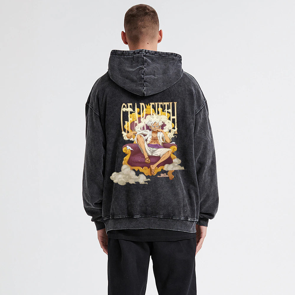 "GOD'S TALE" - GEAR 5 - Monkey D. Luffy - One Piece Anime Vintage Washed Oversized Hoodies