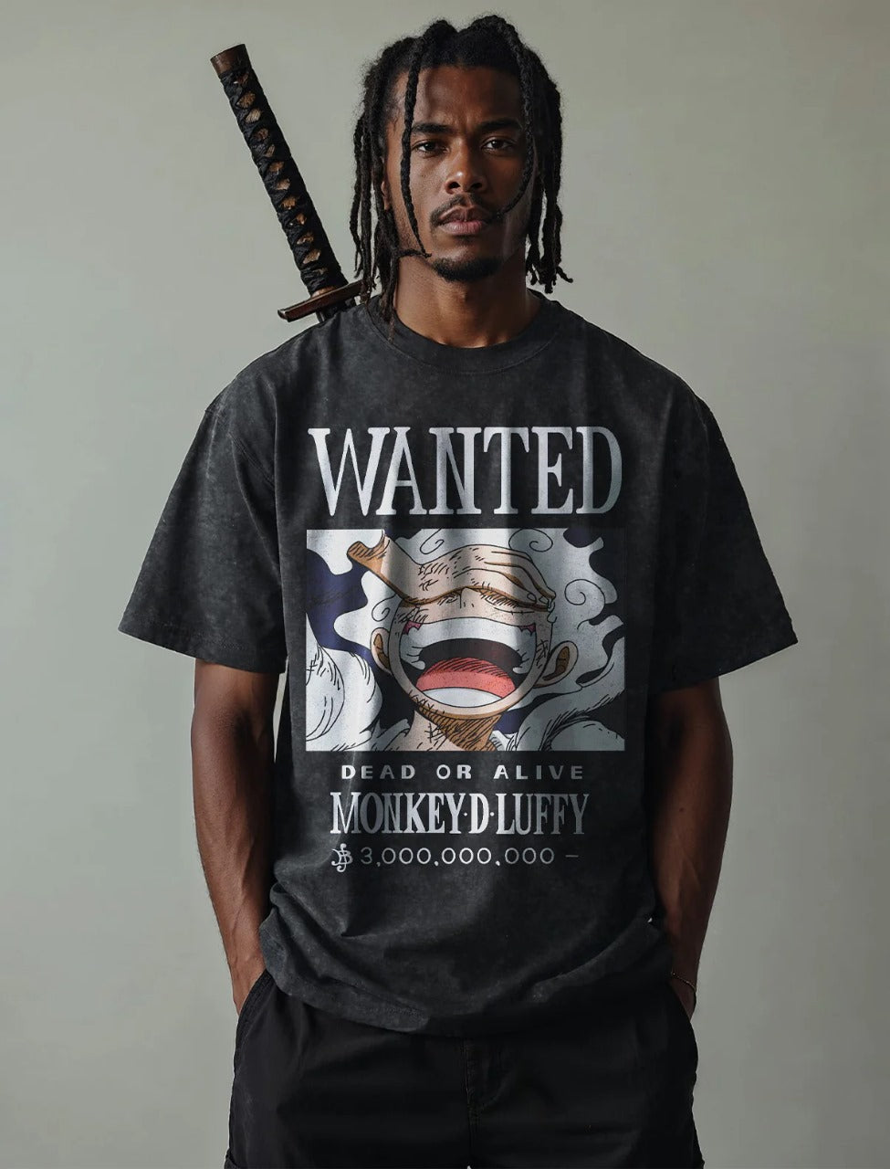 Anime - Streetwear - "WANTED GOD" - GEAR 5 One Piece Anime Vintage / Acid Washed Oversized T-Shirts - Alpha Weebs