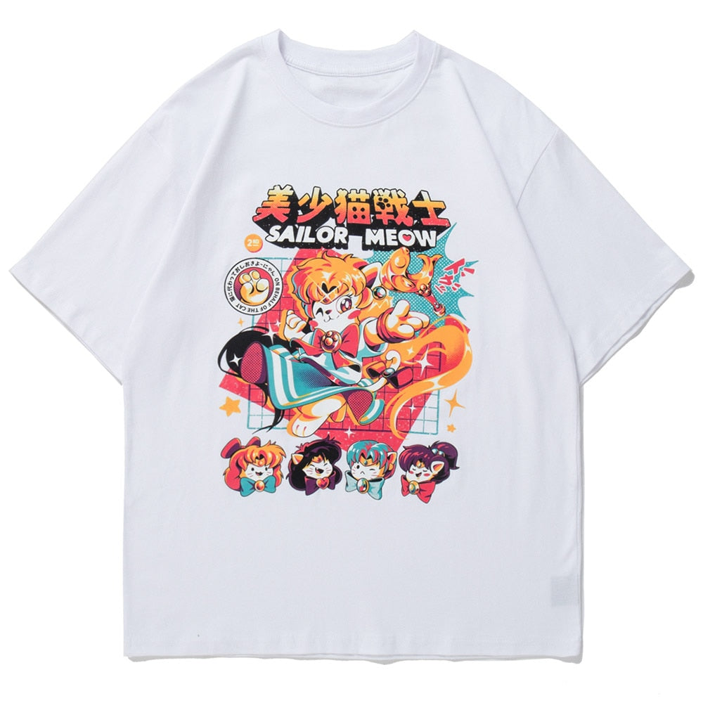 Anime - Streetwear - "SAILOR MEOW" - Anime Sailor Moon Oversized T-Shirt | 4 Colors - Alpha Weebs