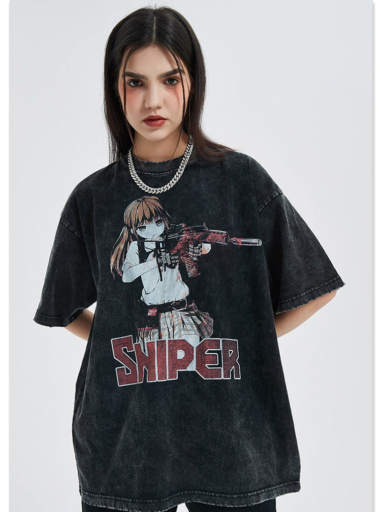 Anime - Streetwear - "SNIPER" - Anime Oversized Vintage Style T-Shirts - Alpha Weebs
