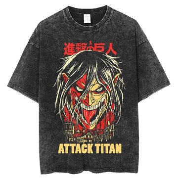 "ATTACK" - Attack On Titan Anime Eren Yeager Vintage Washed Oversized T-Shirt