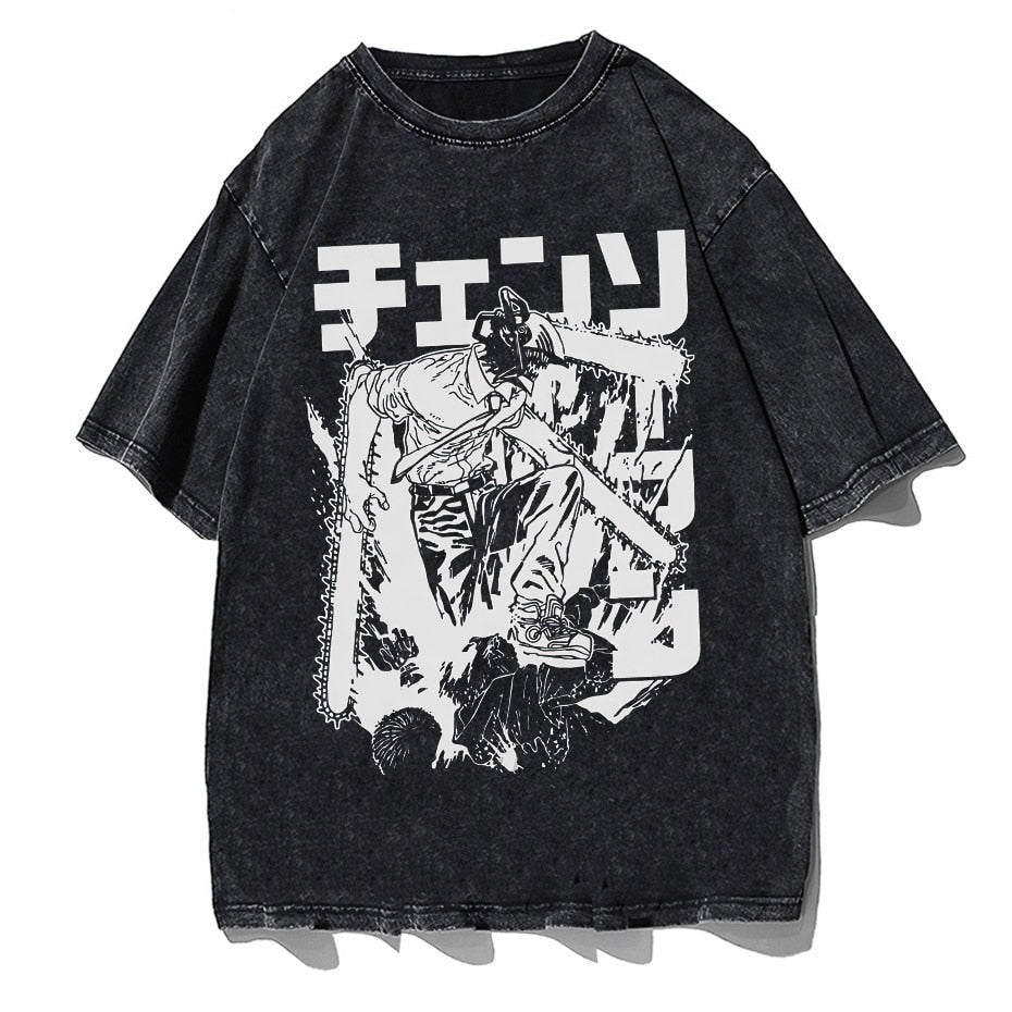 Chainsaw Man Denji Pochita Anime Vintage Washed Oversized T-Shirt (Chain Option)