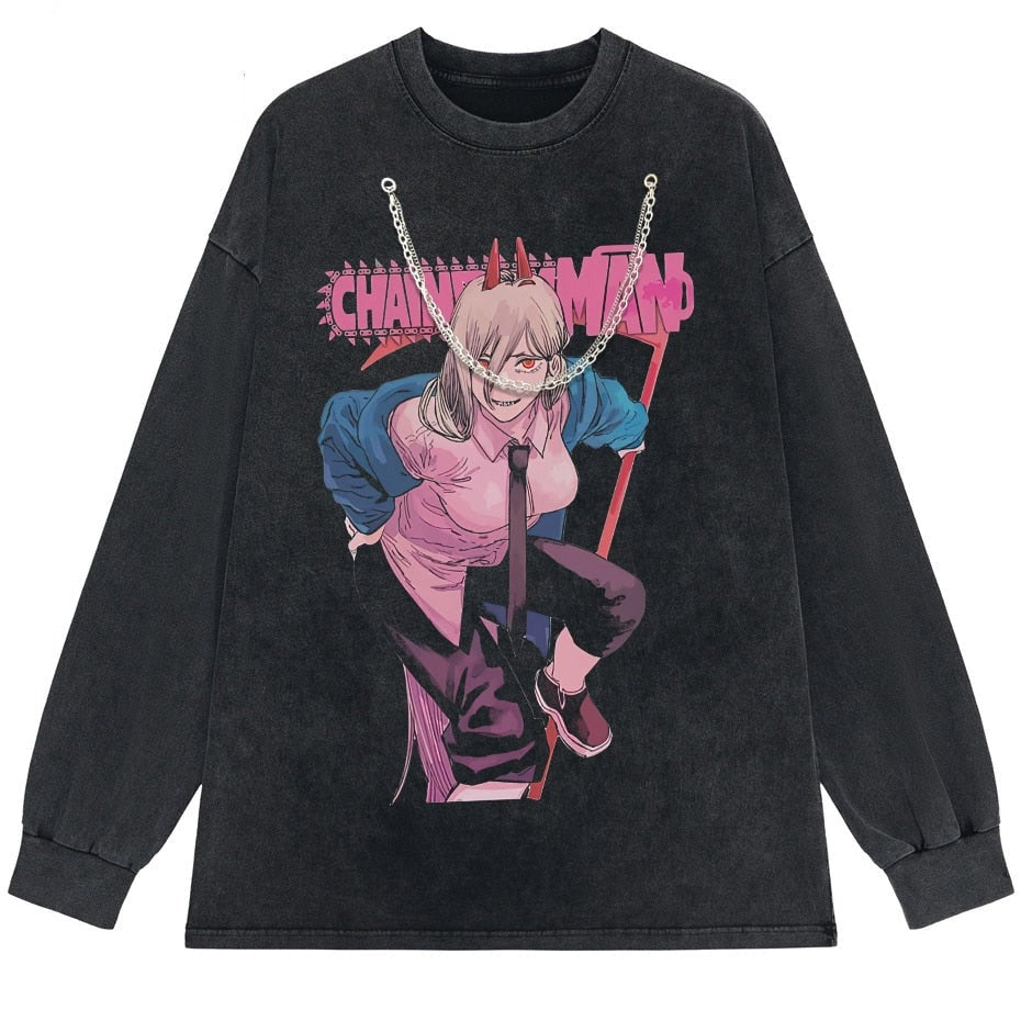 "POWER " - Chainsaw Man Anime Vintage Washed Sweatshirt (Chain Option)