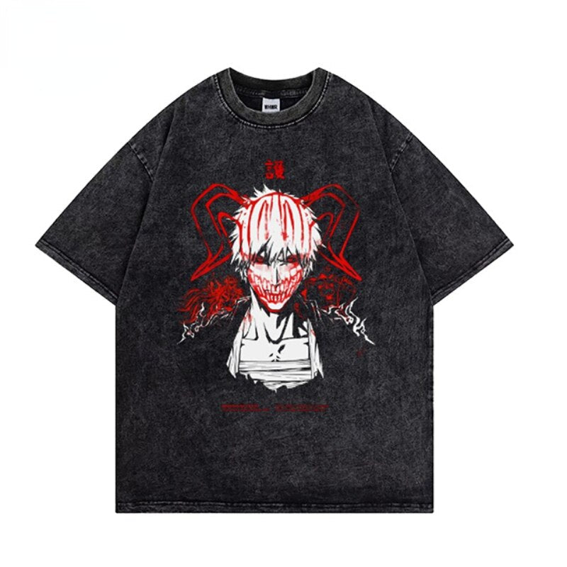 "SHADOW OF DEVIL" - Vintage Washed Bleach Anime Ichigo Oversized T-Shirt | 2 Options