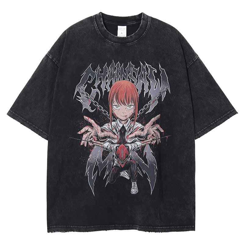 Anime - Streetwear - Makima Vintage Washed Chainsaw Man Anime Oversized T-Shirt - Alpha Weebs