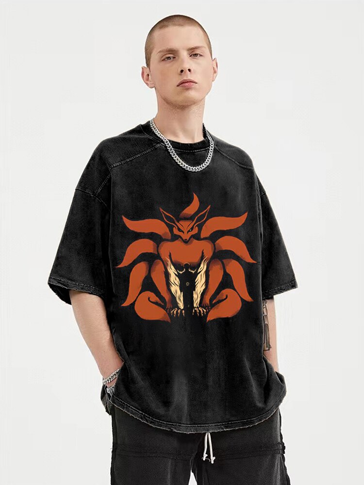 Anime - Streetwear - "ORANGE DUO" - Kurama Naruto Anime Oversized Vintage Style T-Shirt - Alpha Weebs