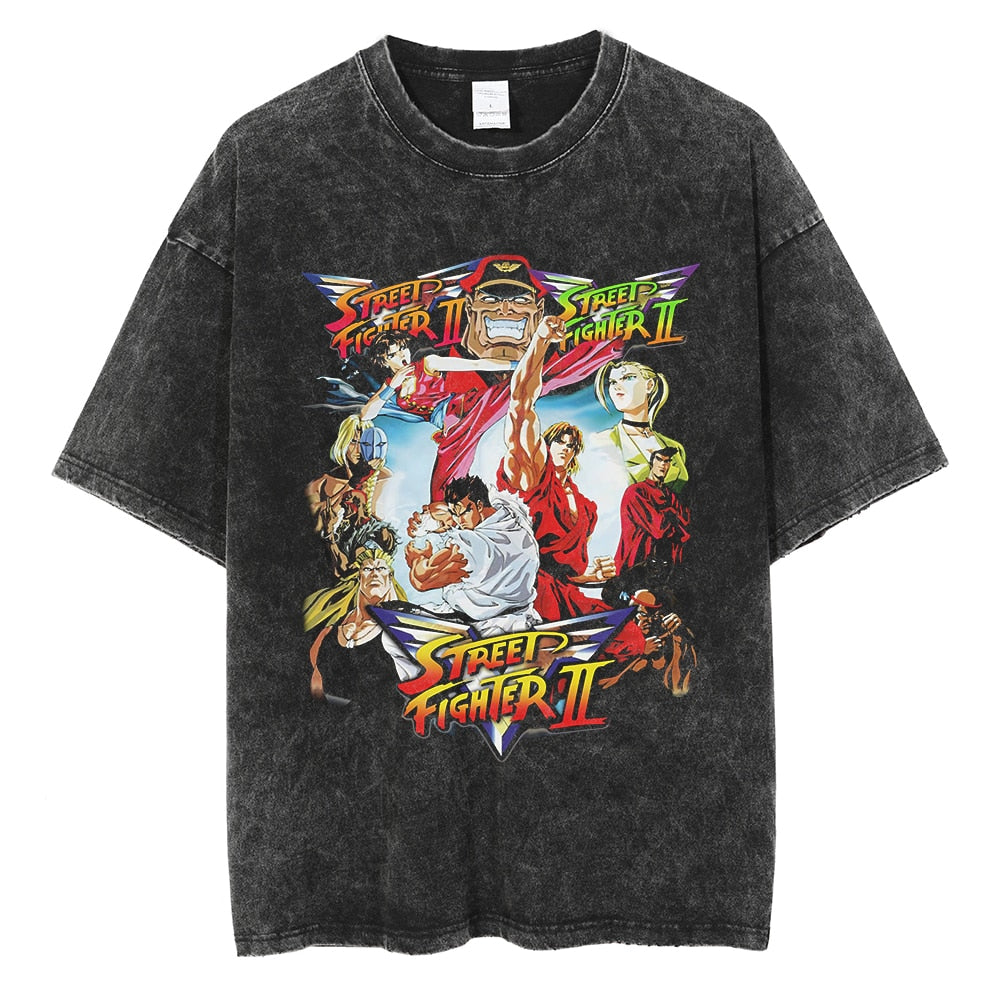Anime - Streetwear - Vintage Washed Street Fighter Anime Oversized T-Shirt - Alpha Weebs
