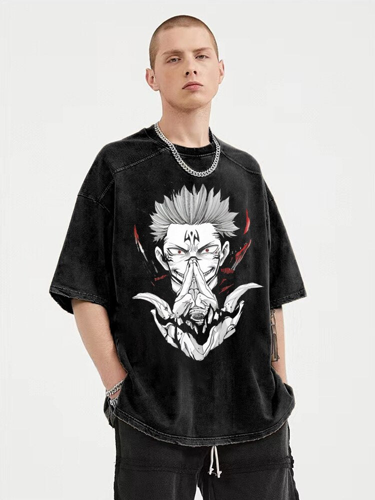 Anime - Streetwear - "POSSESSED" - Yuji Sukuna Jujutsu Kaisen Anime Vintage Style Oversized T-Shirt - Alpha Weebs