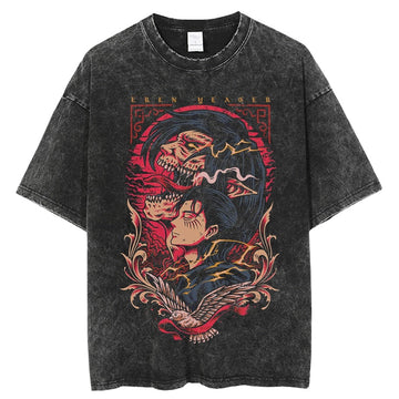 "MAN & TITAN" - Attack On Titan Anime Eren Yeager Vintage Washed Oversized T-Shirt