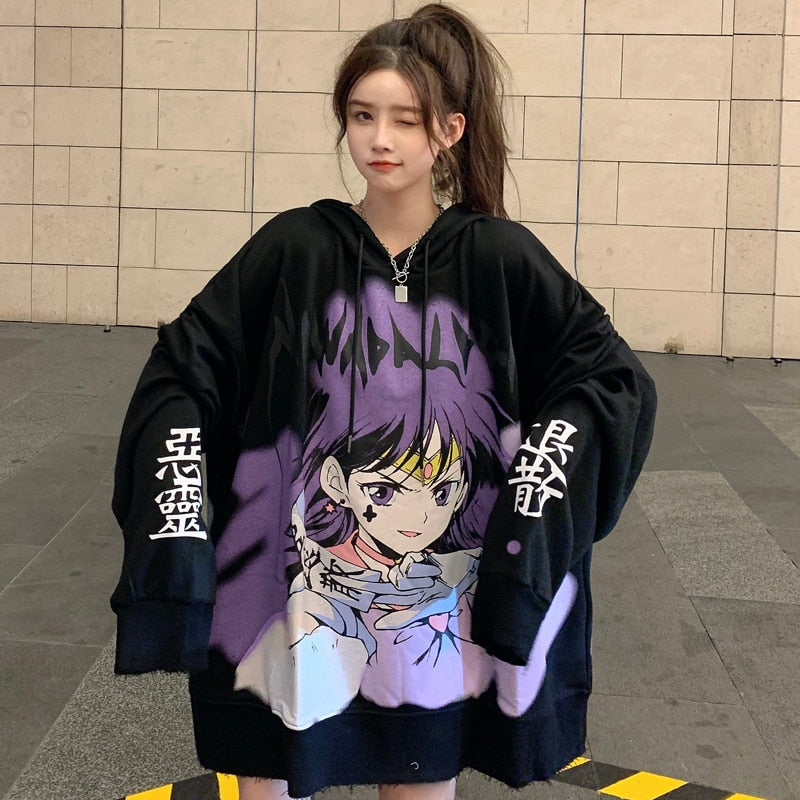 Anime - Streetwear - "GOTH" - Sailor Moon Saturn Anime Oversized Sweatshirts | 2 Colors - Alpha Weebs