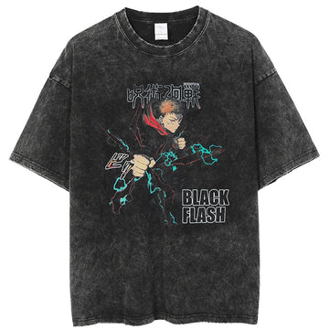 Anime - Streetwear - "BLACK FLASH" - Jujutsu Kaisen Yuji Anime - Oversized Vintage Style T-shirt - Alpha Weebs