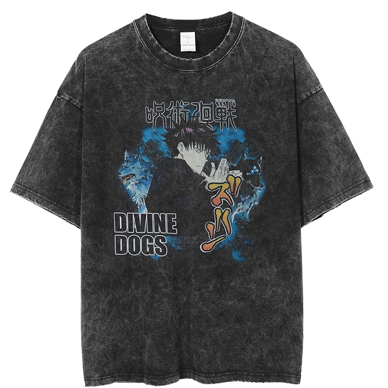 Anime - Streetwear - "DIVINE DOGS" - Megumi Jujutsu Kaisen Anime Oversized Vintage Style T-Shirt - Alpha Weebs
